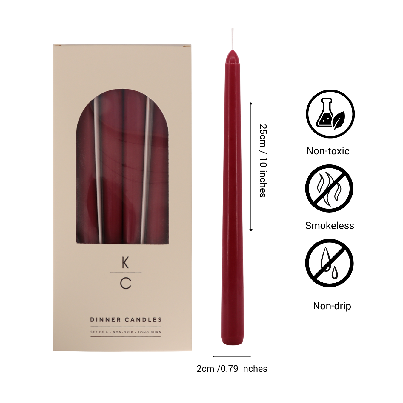 Merlot (Dark Red) 10-Inch Dinner Taper Candles (Box of 6)