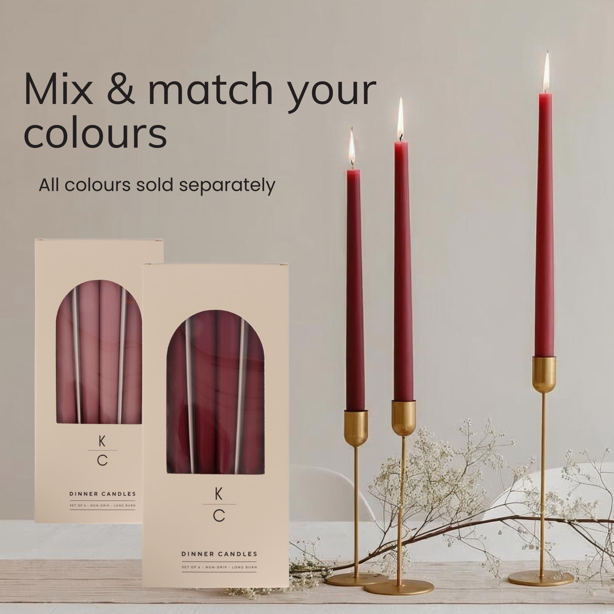 Merlot (Dark Red) 10-Inch Dinner Taper Candles (Box of 6)