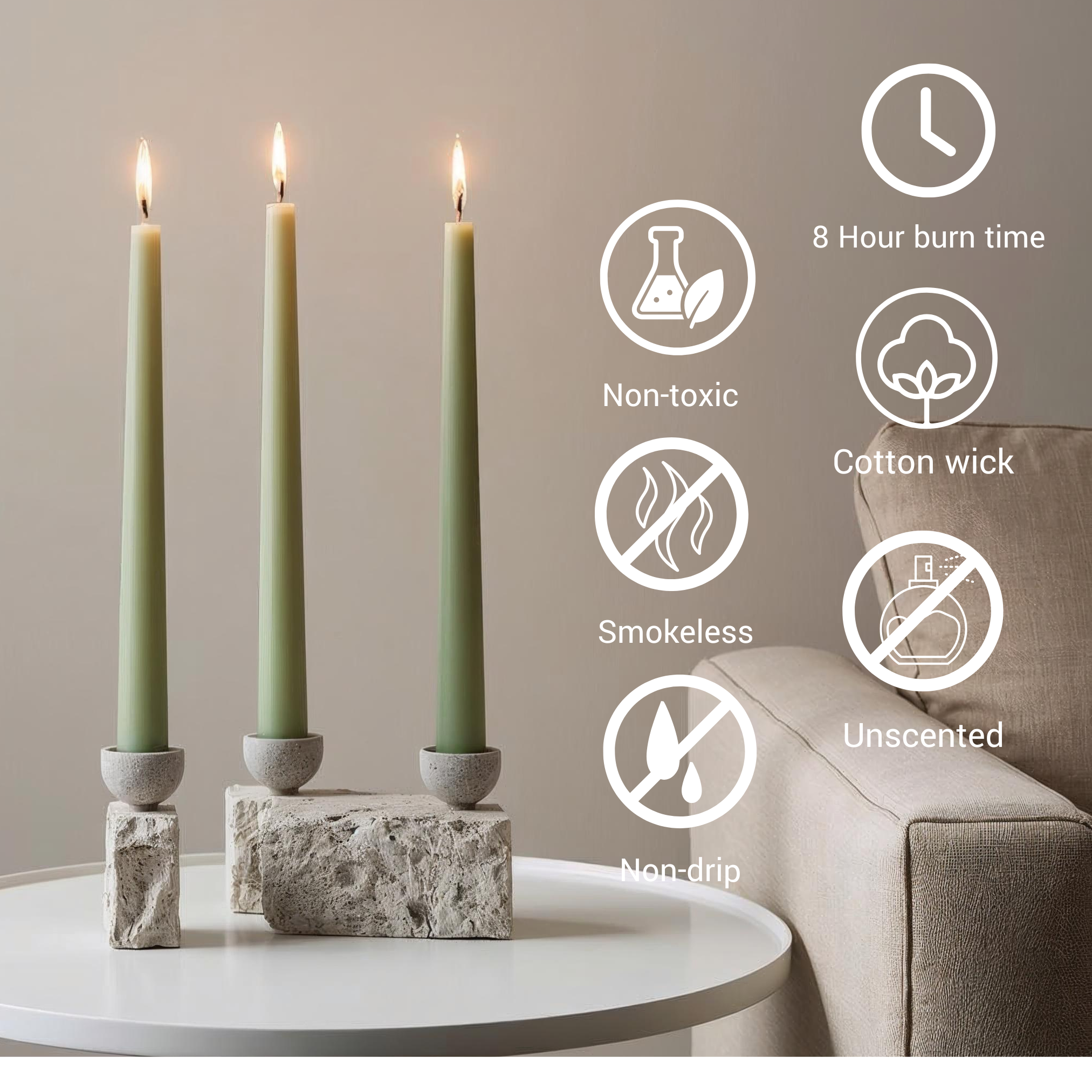 Sage 10-Inch Dinner Taper Candles (Box of 6)