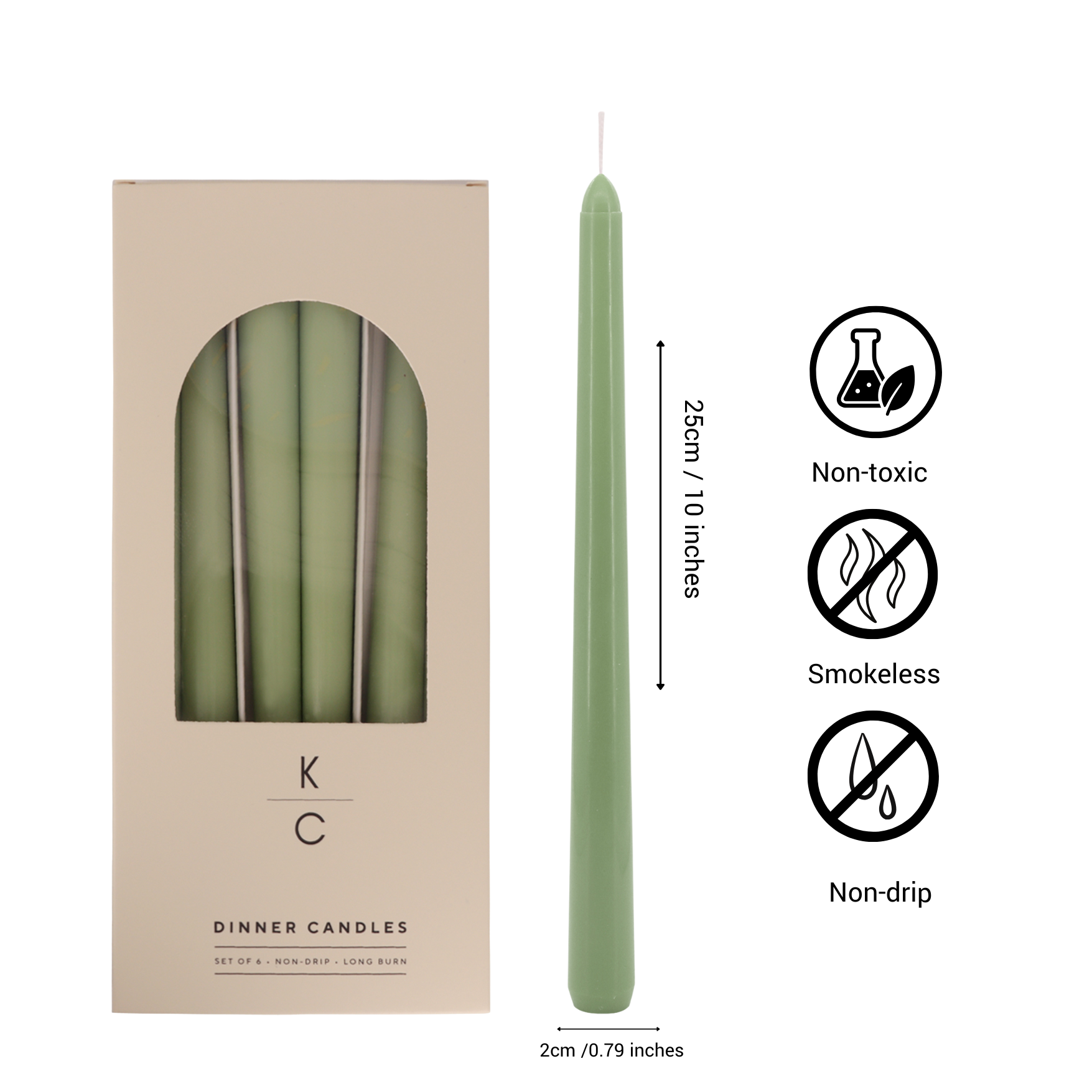 Sage 10-Inch Dinner Taper Candles (Box of 6)