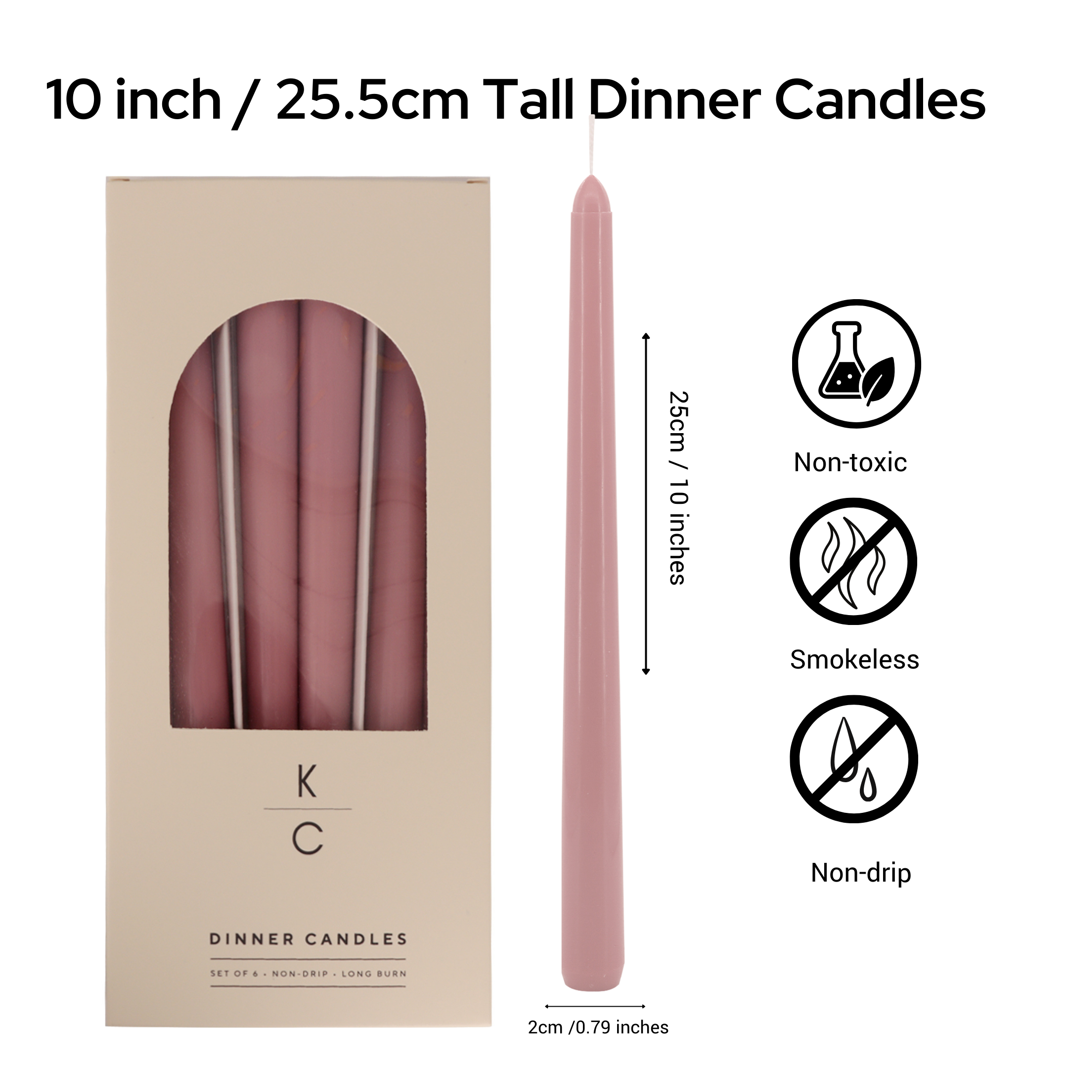 Dusty Rose 10-Inch Dinner Taper Candles (Box of 6)