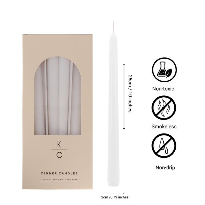 White 10-Inch Dinner Taper Candles (Box of 6)