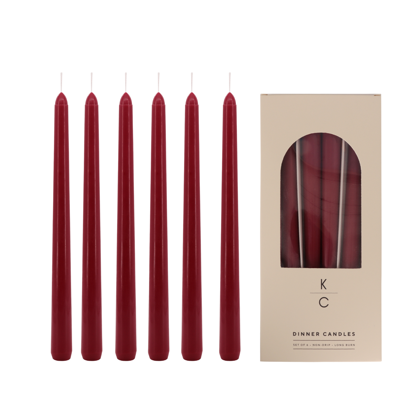 Merlot (Dark Red) 10-Inch Dinner Taper Candles (Box of 6)