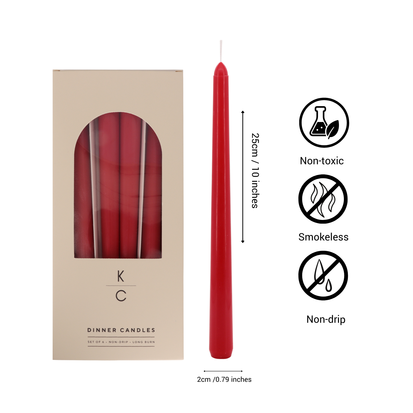 Red 10-Inch Dinner Taper Candles (Box of 6)